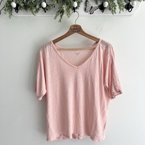 Garnet Hill Organic Linen Abilene Tee Top Oversized Crochet Pink Size M O06 - Picture 1 of 3